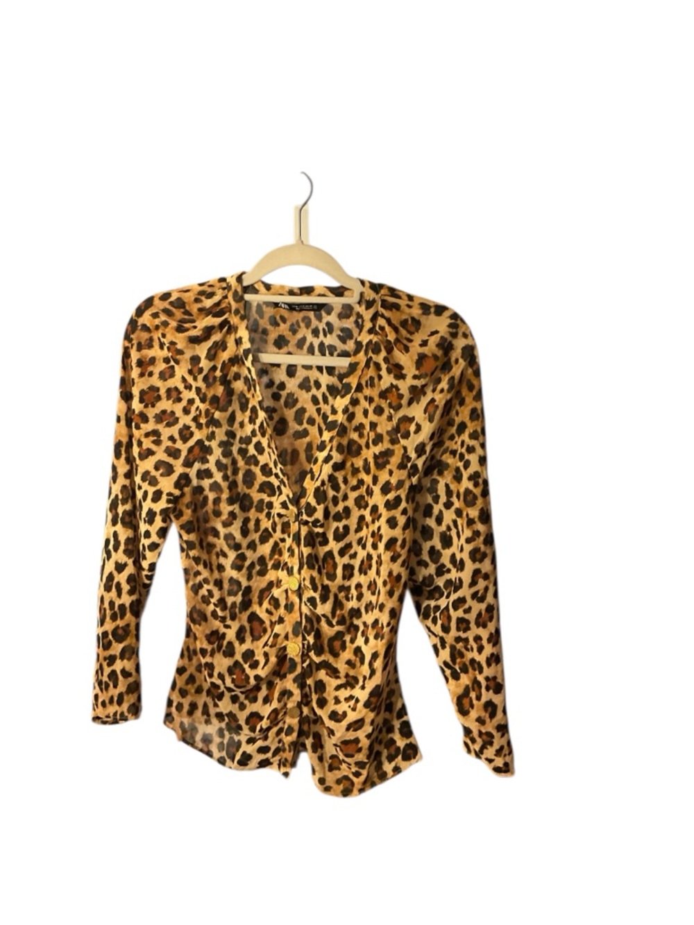 Zara Leopard Print V-Neck Button Front Top - Brown & Black